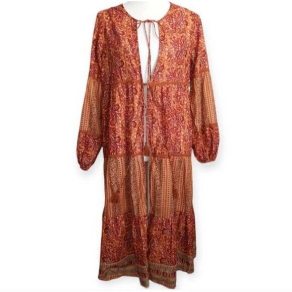 CHELSEA & VIOLET PAISLY ORANGE DUSTER SZ.S EUC. TASSEL TIES. - Picture 2 of 9